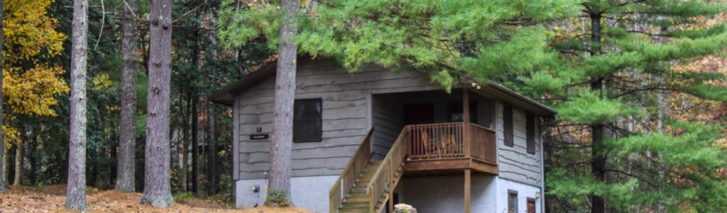 A two-story Lakeside Village cabin with a wooden stair and deck among pines