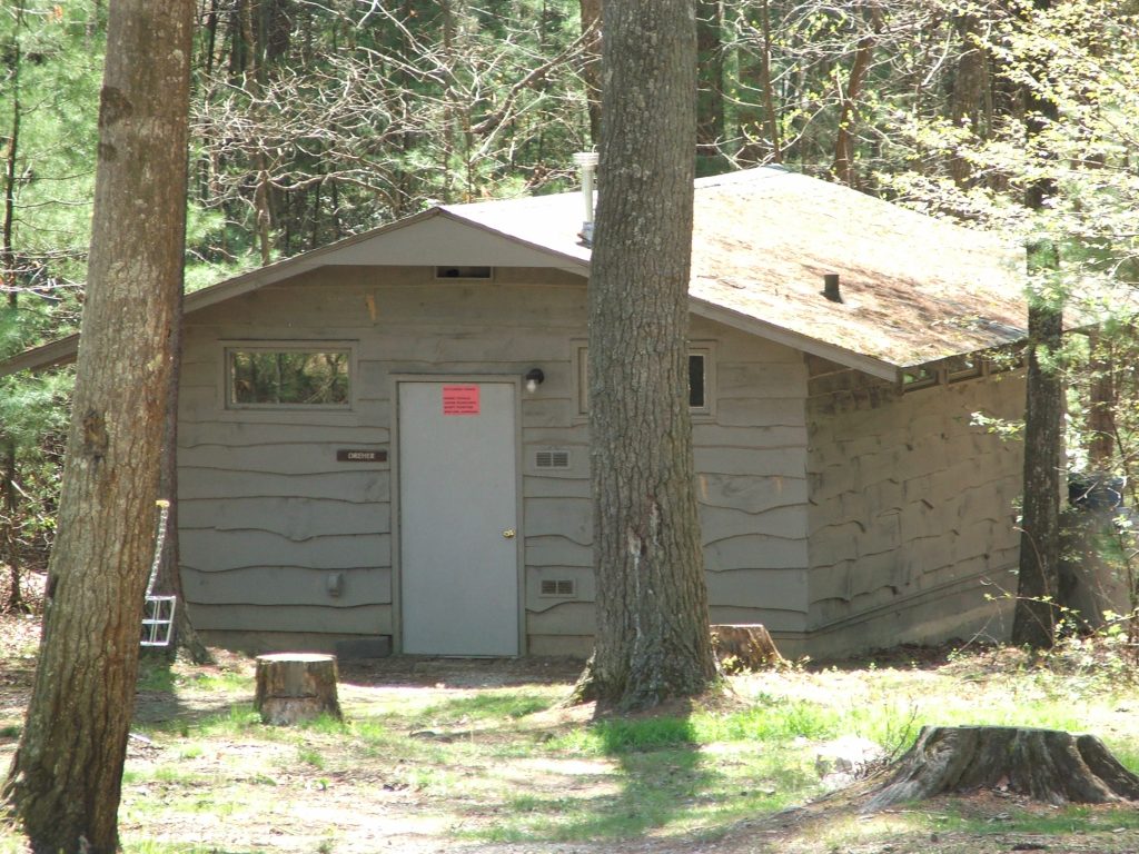 A Wilderness Cabin at Lutheridge, a gray camp cabin among tall trees