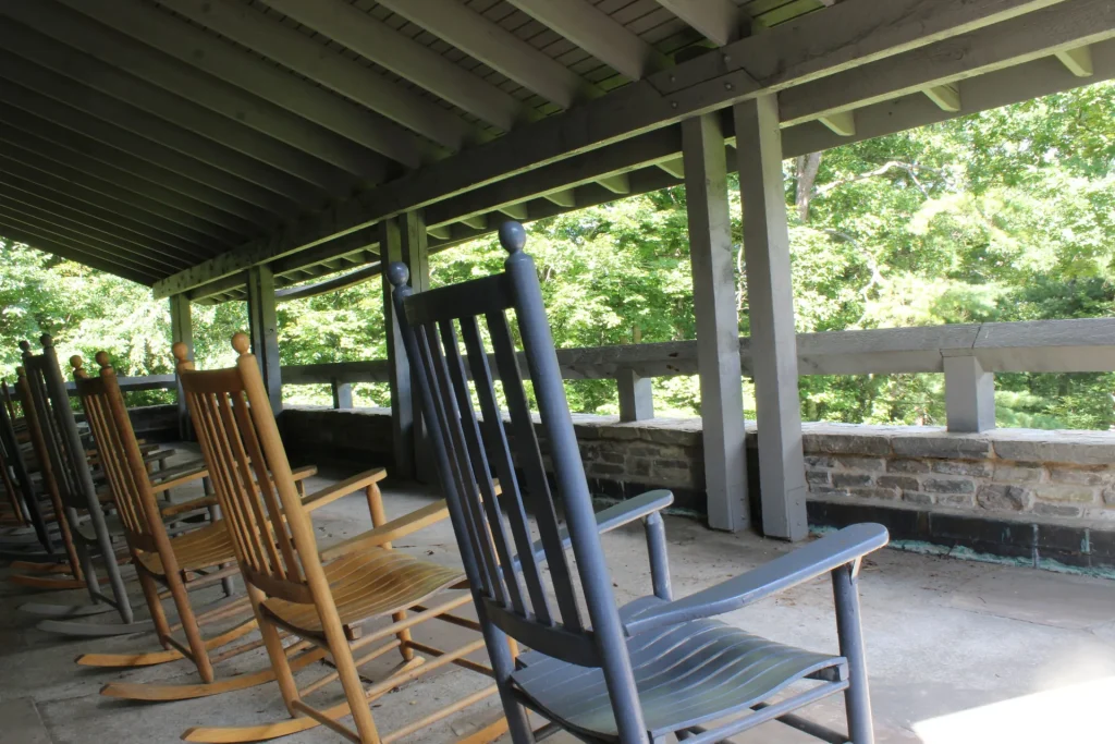 Rocking chairs on Efird Hall's stone porch