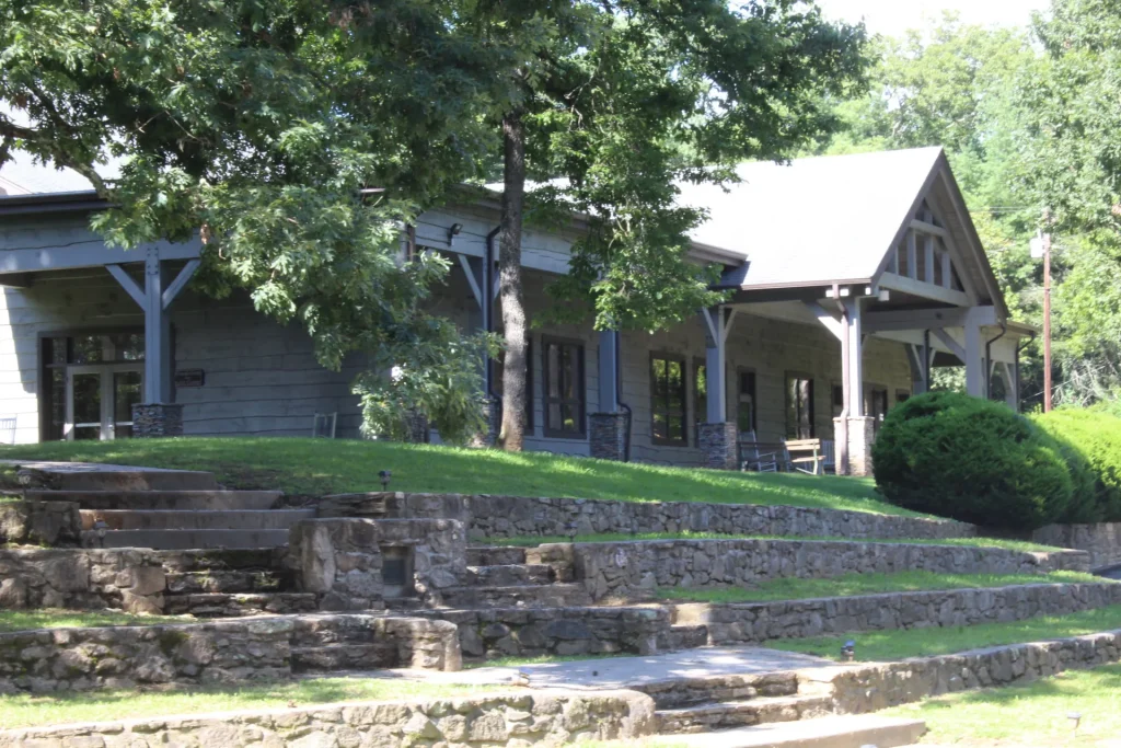 Faith Center's covered porch above stone terrace steps