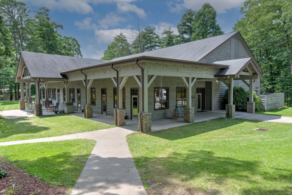The Faith Center at Lutheridge, its long covered porch lined with rocking chairs