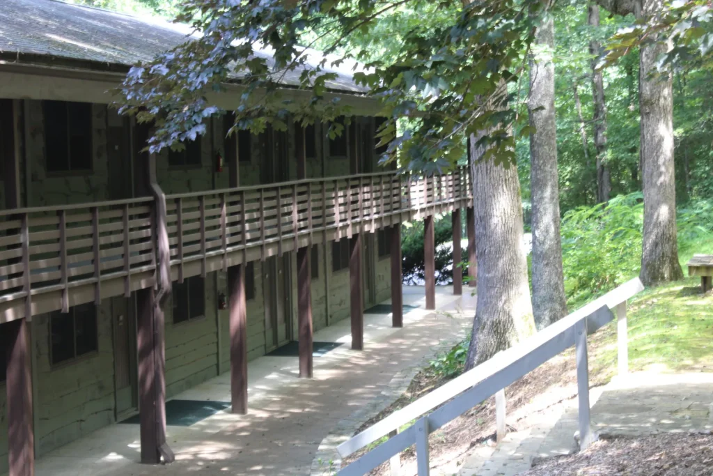 Kohnjoy Inn's two floors of rooms and balconies, from the walkway