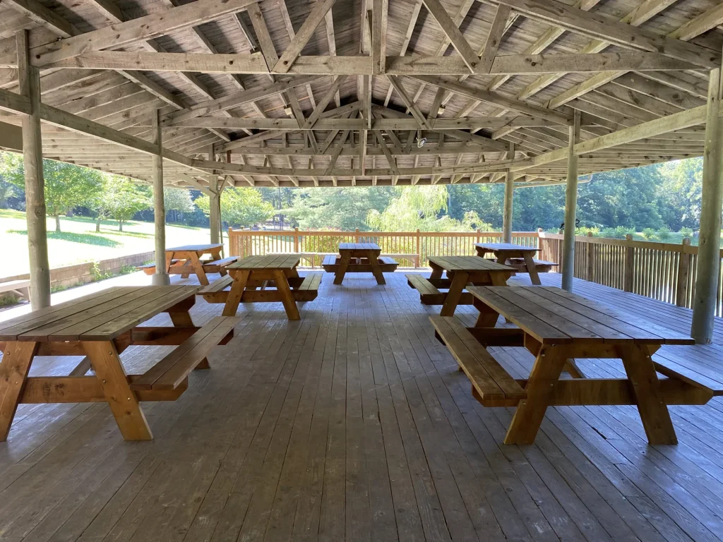 Picnic tables on Lakeside Lodge's covered deck