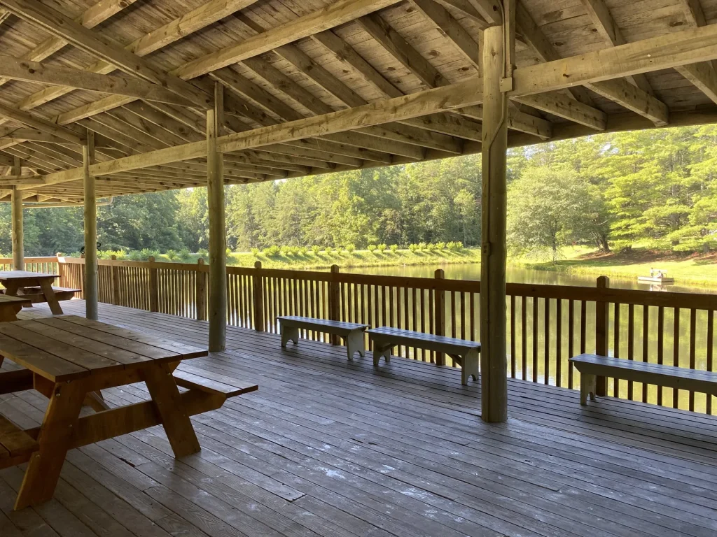 Lakeside Lodge's covered deck, looking out to the trees