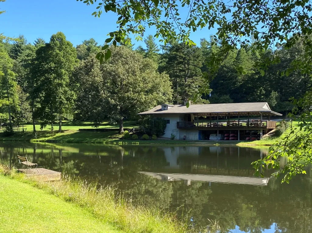Lakeside Lodge reflected in the lake on a summer day