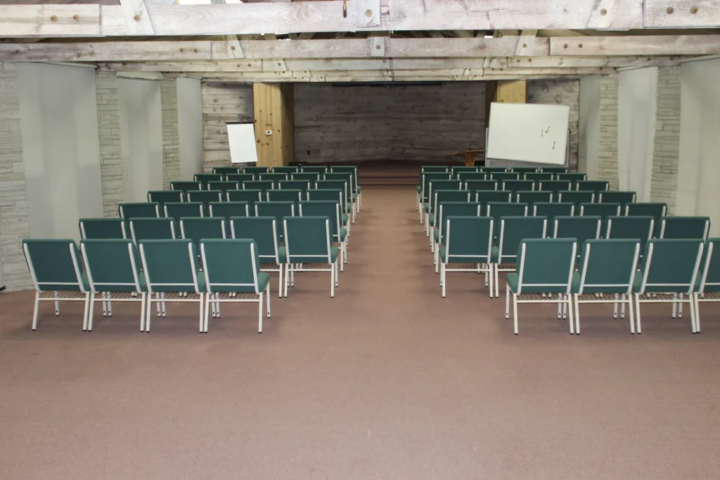 Mission Hall's meeting room set with rows of chairs