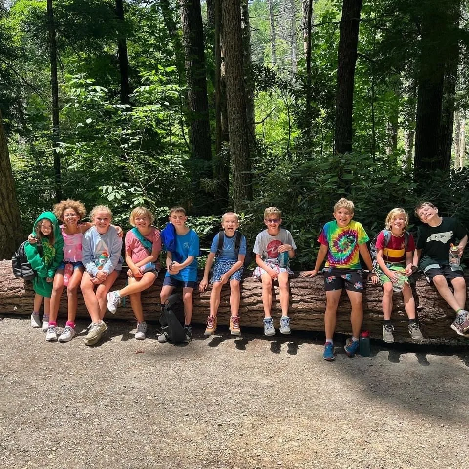 A row of young campers sitting on a fallen log in the woods, smiling.