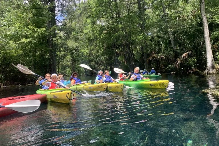 A line of campers in bright kayaks paddling a clear, spring-fed river under cypress and palms