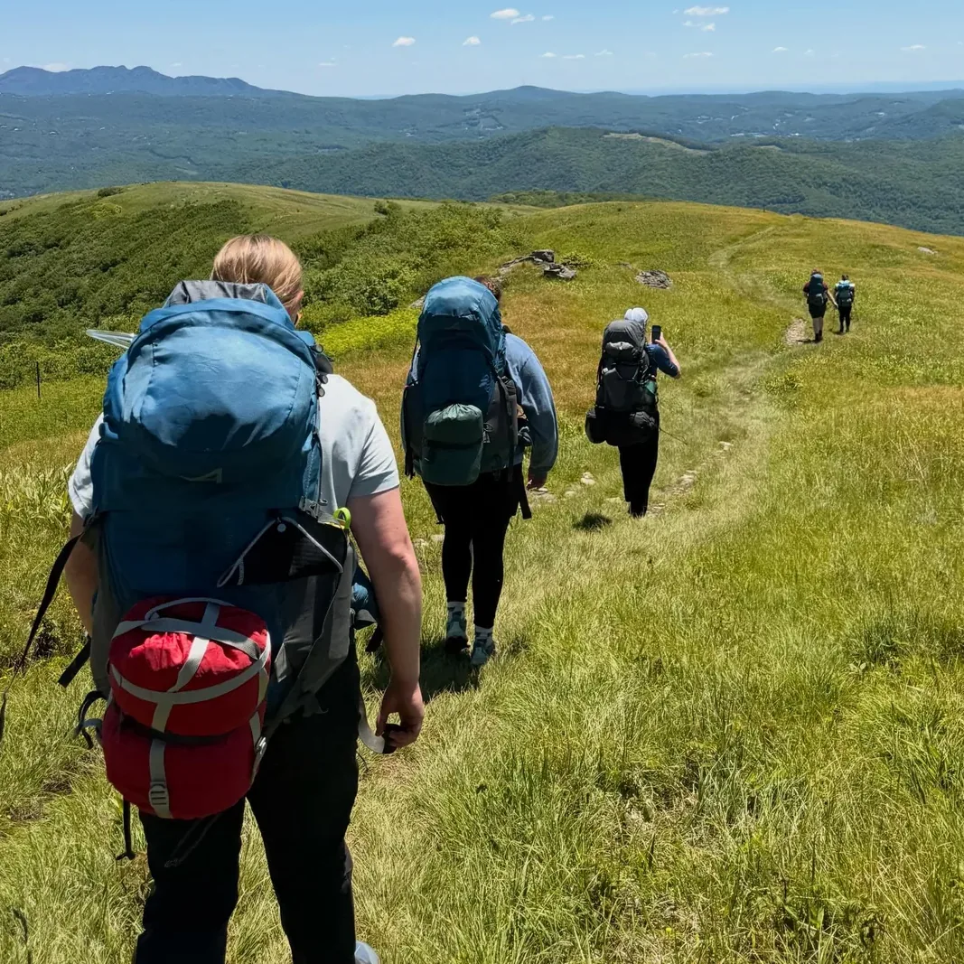 Lutherock backpackers walking single file along a grassy mountain bald, the trail running on toward the next ridge