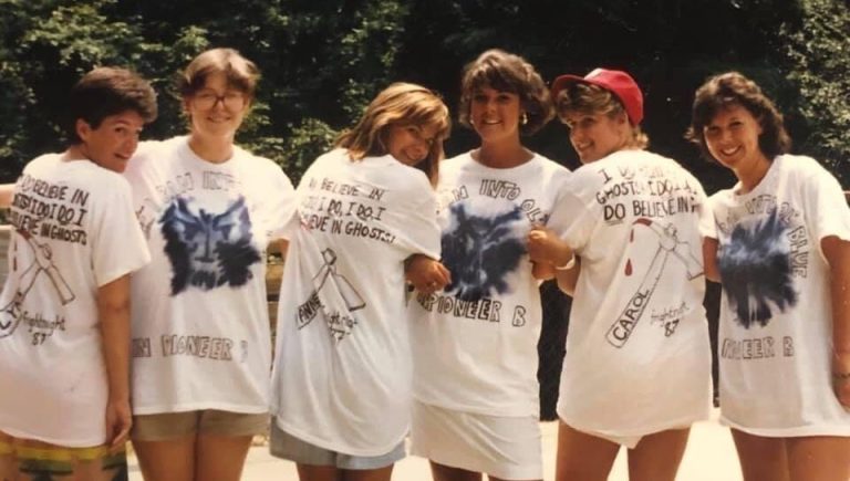 Six Lutheridge summer staff in 1987 pose in matching hand-decorated Fright Night T-shirts