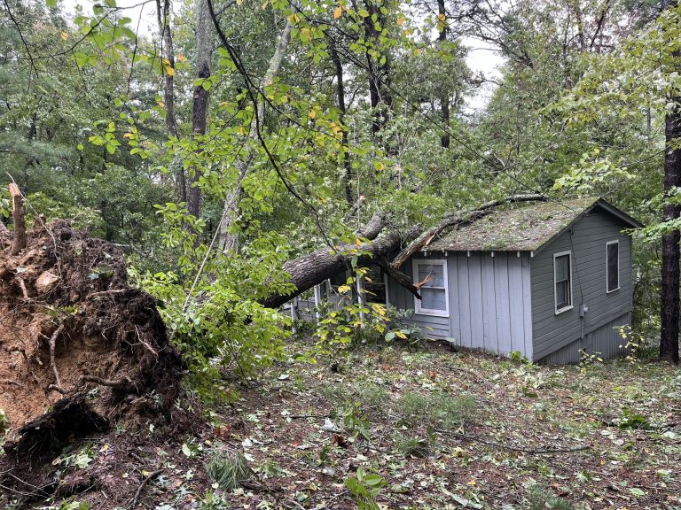 An uprooted tree fallen across the roof of a gray cabin at Lutheridge