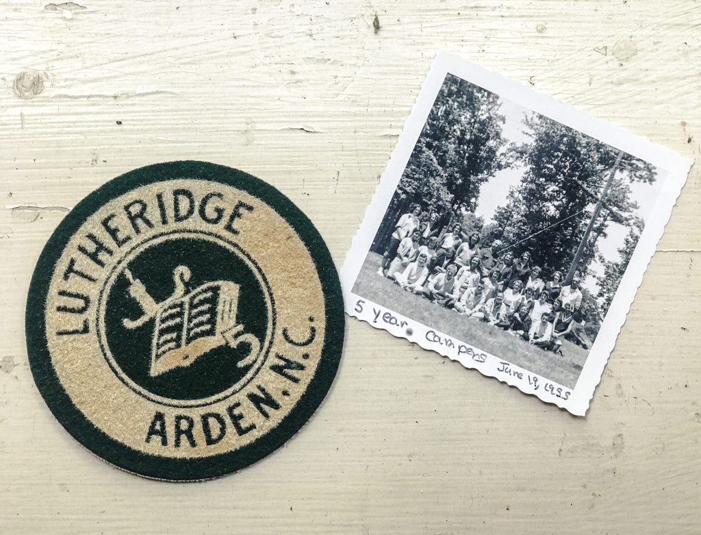 A Lutheridge, Arden, N.C. camp patch beside an old black-and-white photo of the "5 year campers"